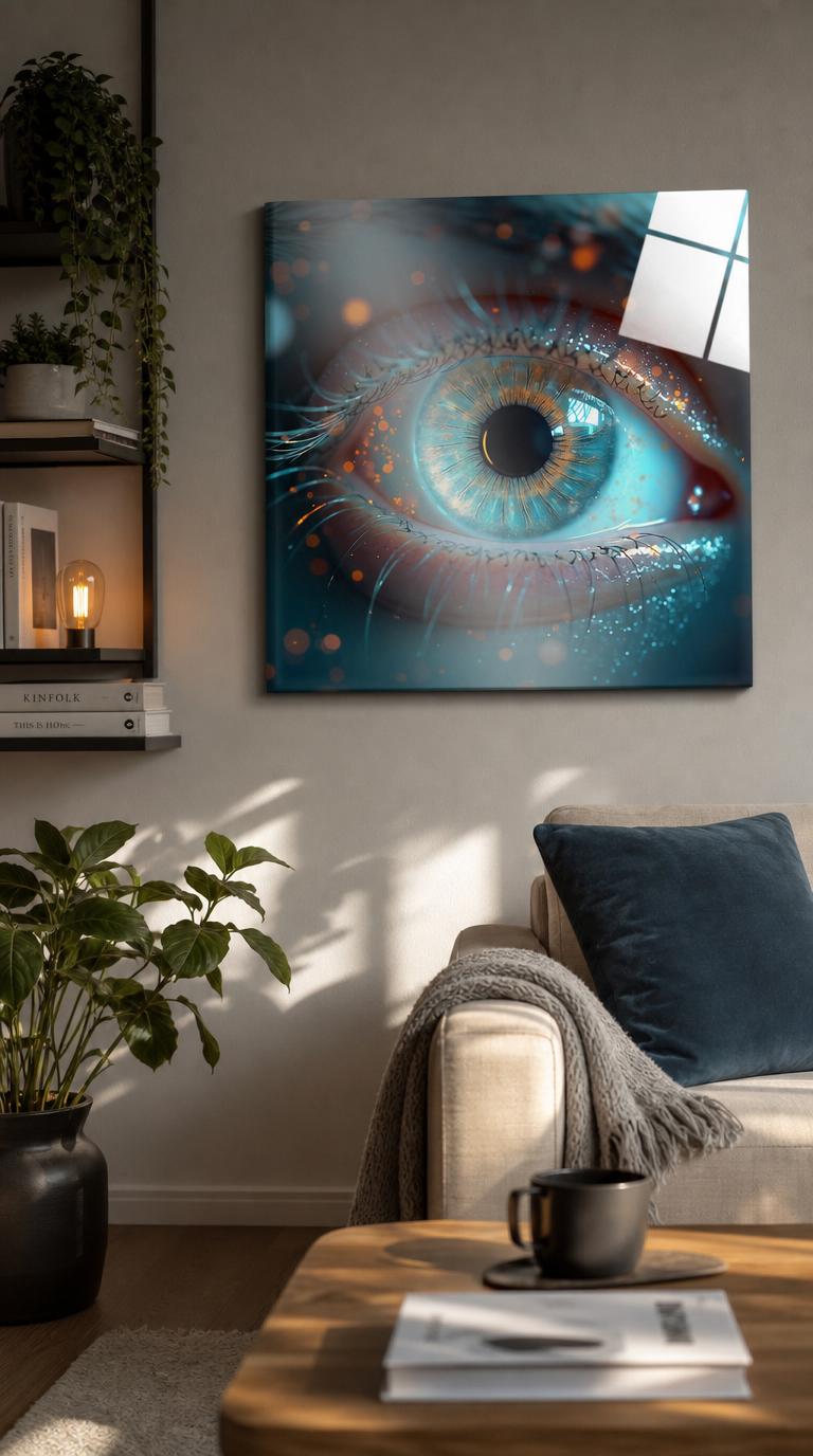 A macro study of a human eye, its blue-and-amber iris ringed with light and scattered orange bokeh against cool grey skin.