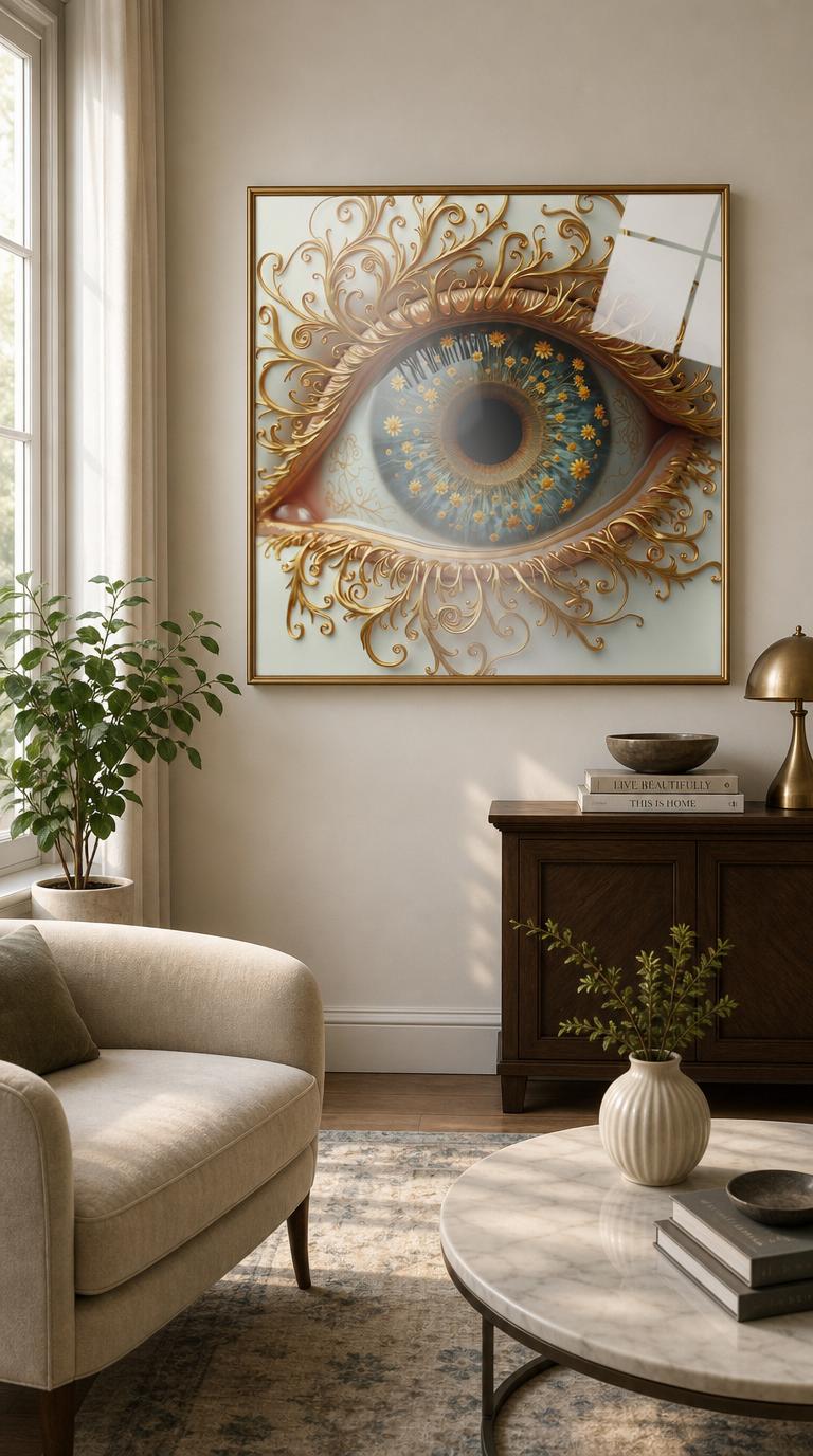 A single human eye reimagined as a golden marvel, its iris blooming with tiny daisies and framed by elaborate filigree lashes.
