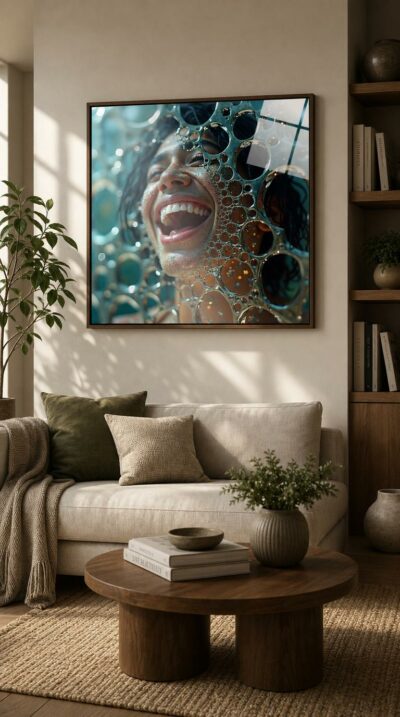 A woman caught mid-laughter, her radiant face dissolving into a glittering lattice of liquid-silver bubbles.