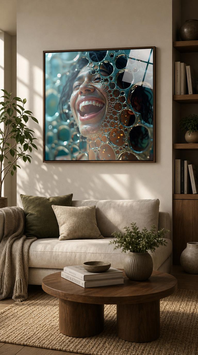 A woman caught mid-laughter, her radiant face dissolving into a glittering lattice of liquid-silver bubbles.
