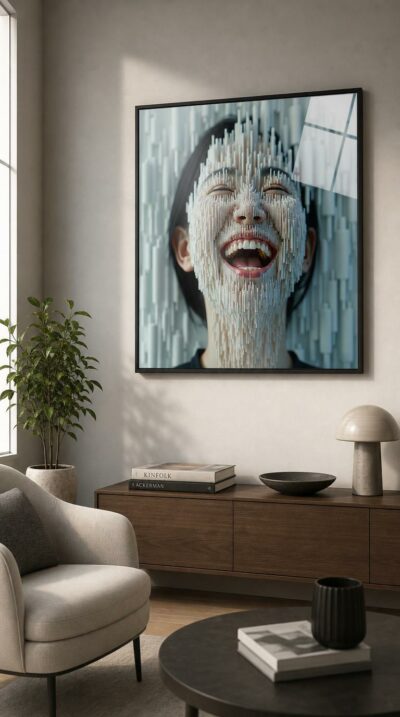 A woman caught mid-laughter, her face dissolving into a cascade of pale vertical pixels that ripple across skin and wall alike.
