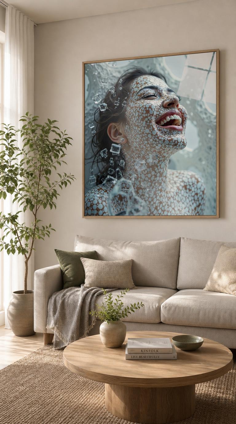 A woman laughs skyward, her skin patterned in pearly droplets as clear ice cubes scatter through a luminous, dreamlike haze.