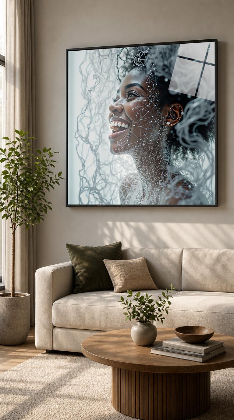 A woman laughs in profile, her skin tracing into a delicate lattice of silver lines and floating points against a luminous white field.