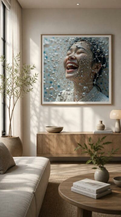 A woman laughs with closed eyes as a shimmering lattice of silver spheres blooms across her face and dissolves into light.