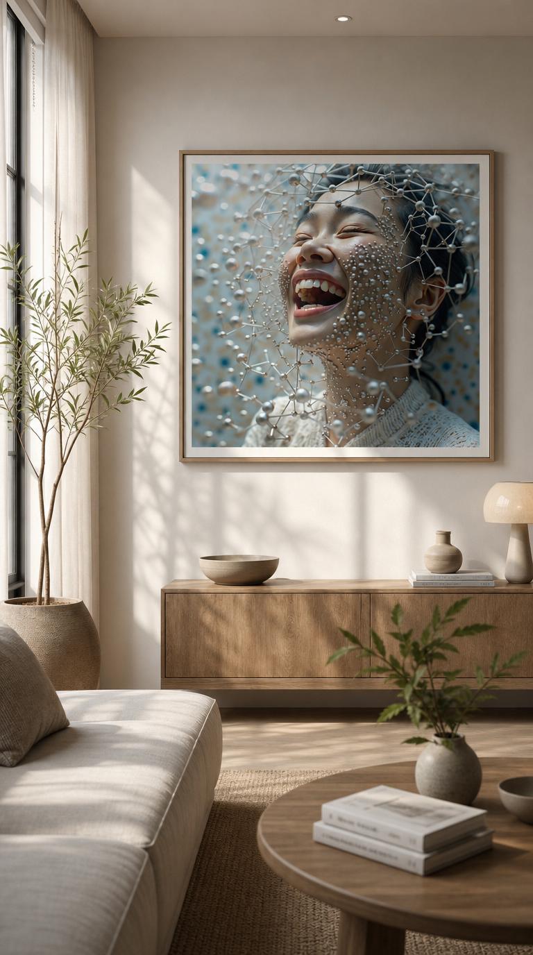 A woman laughs with closed eyes as a shimmering lattice of silver spheres blooms across her face and dissolves into light.