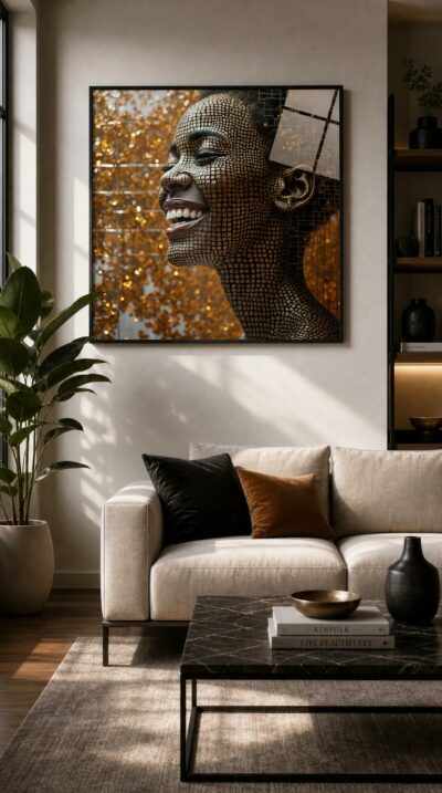A woman laughs in profile, her skin rendered as a luminous grid of golden mosaic squares dissolving into circuitry and a shower of glittering dust.