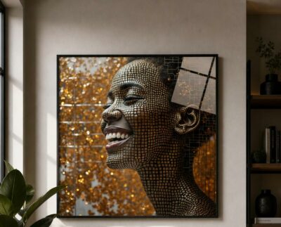 A woman laughs in profile, her skin rendered as a luminous grid of golden mosaic squares dissolving into circuitry and a shower of glittering dust.