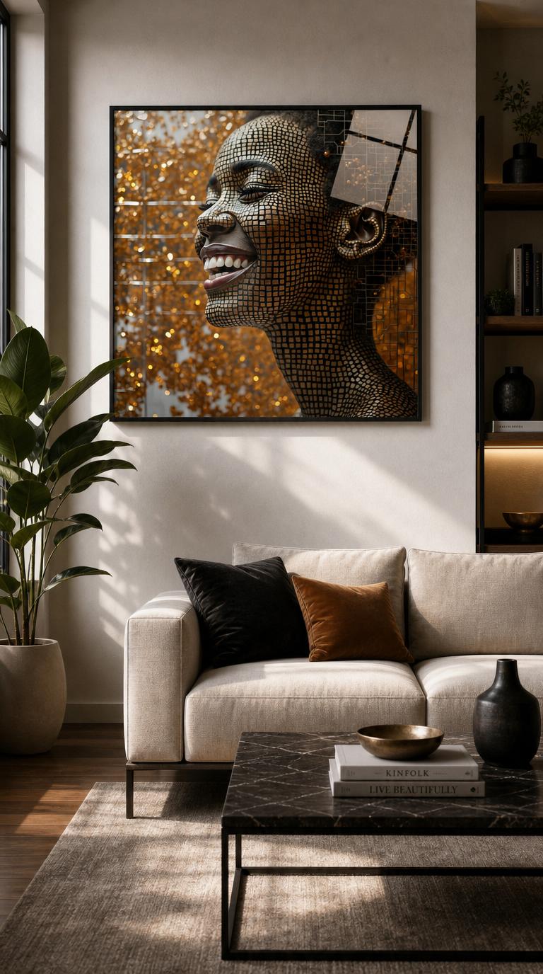 A woman laughs in profile, her skin rendered as a luminous grid of golden mosaic squares dissolving into circuitry and a shower of glittering dust.