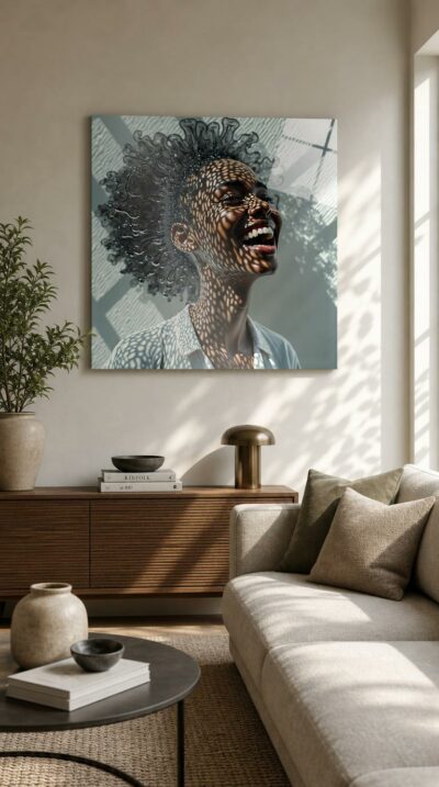 A woman caught mid-laughter, dappled light scattering across her skin while her hair dissolves into ribbons of liquid glass.