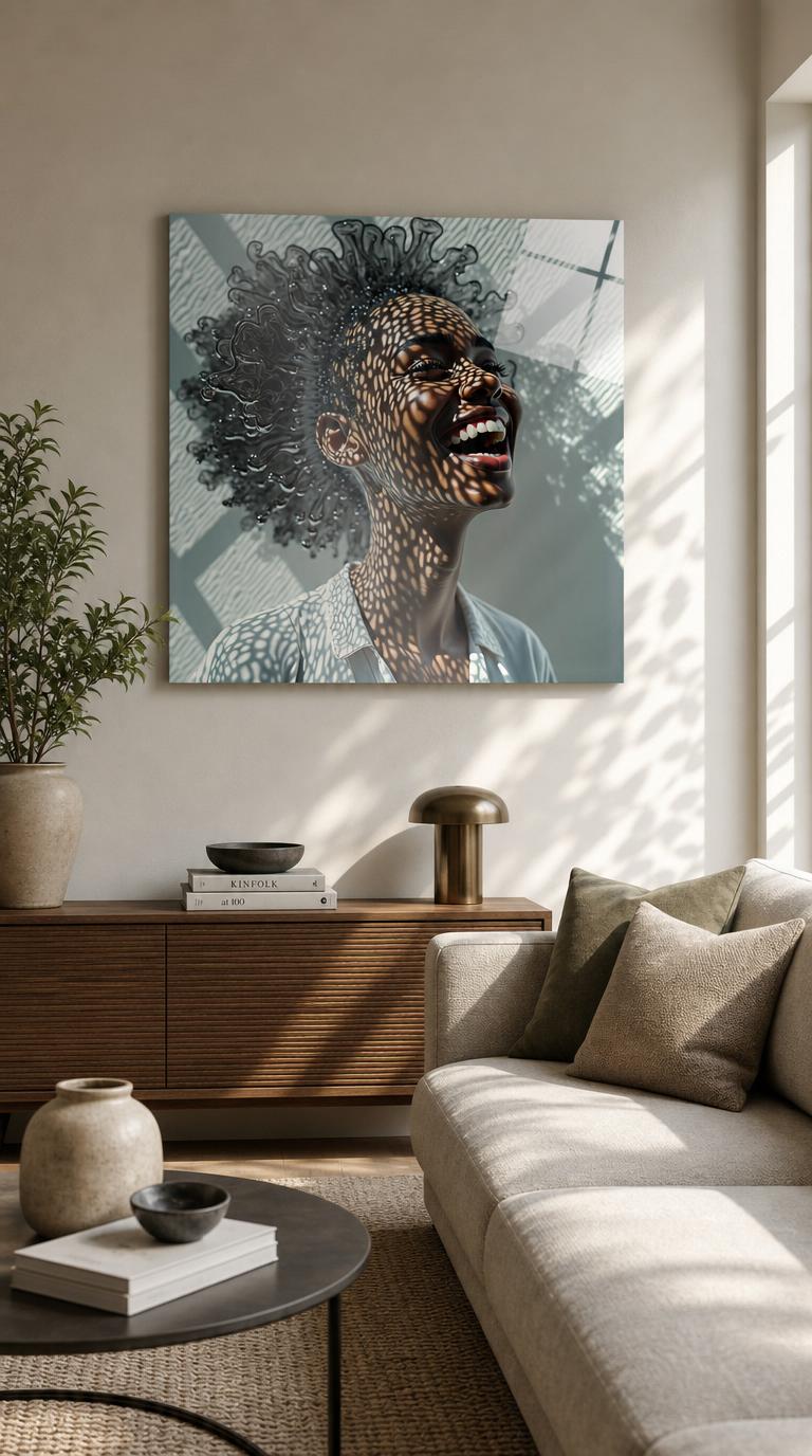 A woman caught mid-laughter, dappled light scattering across her skin while her hair dissolves into ribbons of liquid glass.