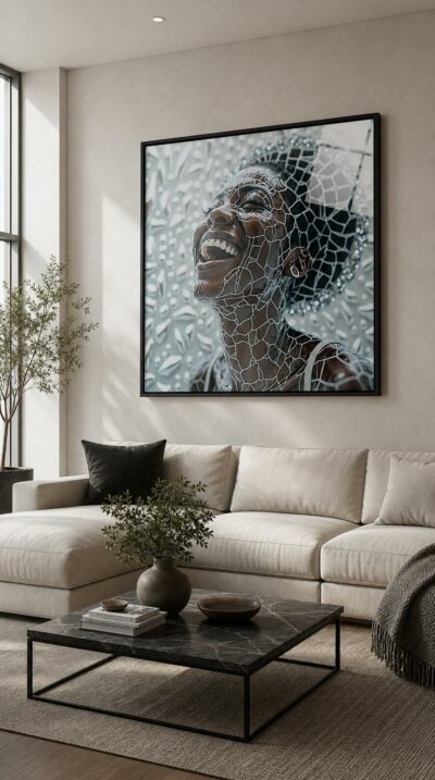 A woman laughs with eyes closed, her skin and hair traced in a fine web of white mosaic lines against a softly fractured pale wall.
