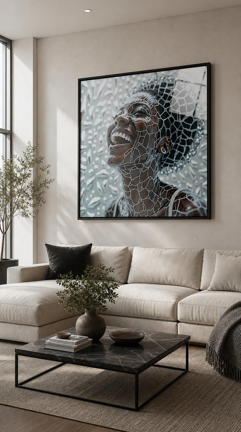 A woman laughs with eyes closed, her skin and hair traced in a fine web of white mosaic lines against a softly fractured pale wall.