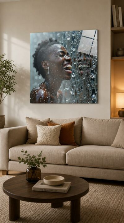 A woman caught mid-laughter, eyes closed and skin beaded with silver droplets, her radiant joy multiplied through a curtain of glistening water.