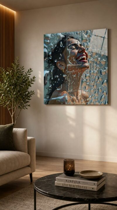A woman tilts her head back in open laughter, her radiant face glimpsed through a pane scattered with glittering beads of water.