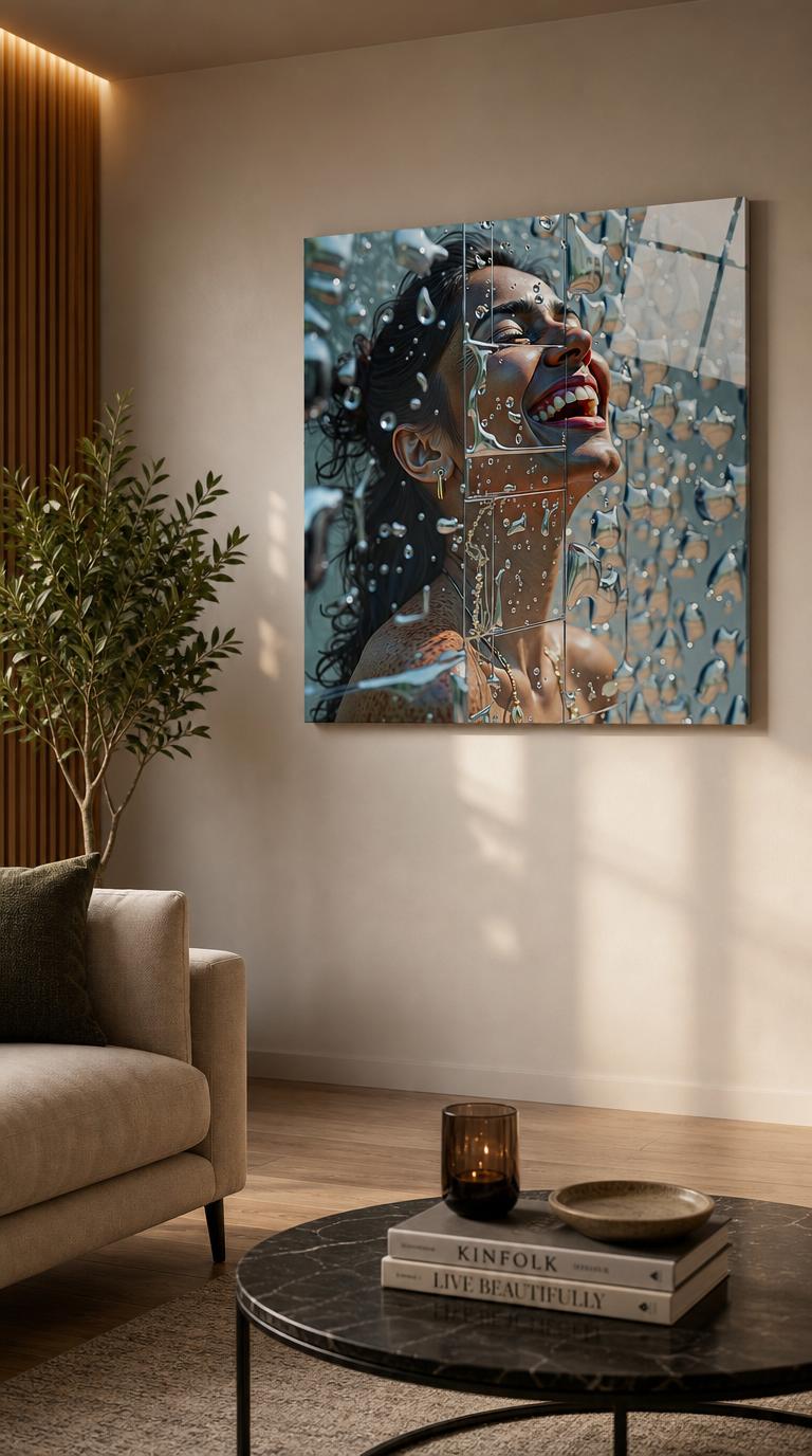 A woman tilts her head back in open laughter, her radiant face glimpsed through a pane scattered with glittering beads of water.