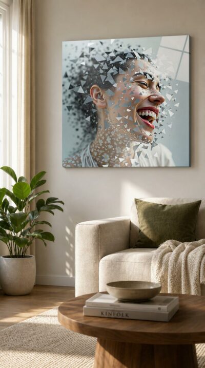 A woman caught mid-laughter dissolves into a flurry of silver shards, her joy scattering into the air like confetti.