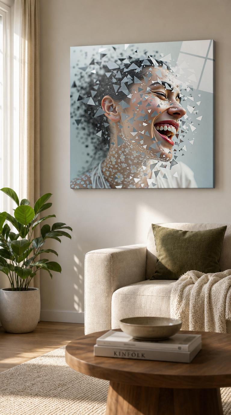 A woman caught mid-laughter dissolves into a flurry of silver shards, her joy scattering into the air like confetti.
