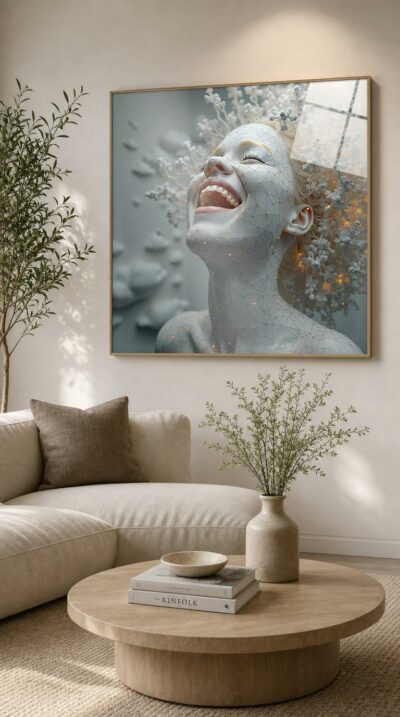 A porcelain-pale woman laughs skyward, her skin traced with a glowing golden web as branching white blooms erupt around her.