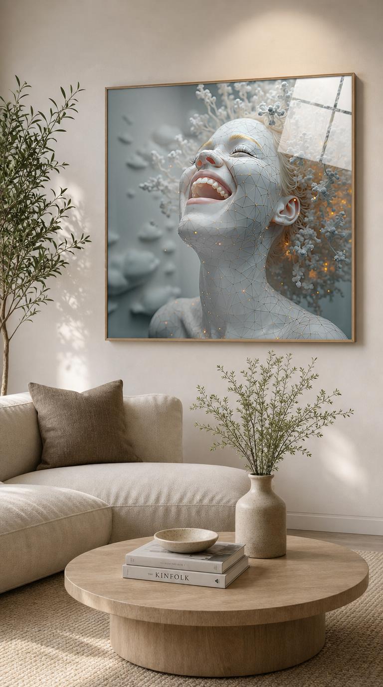 A porcelain-pale woman laughs skyward, her skin traced with a glowing golden web as branching white blooms erupt around her.