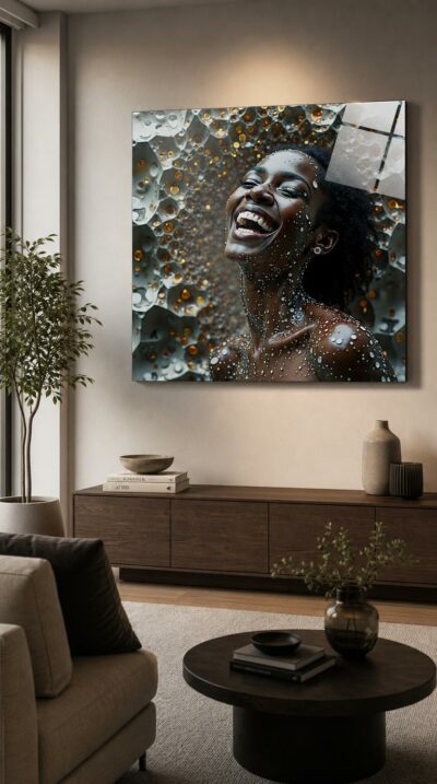 A woman tilts her head back in radiant laughter, her skin beaded with water, set against a luminous field of golden and silver bubbles.