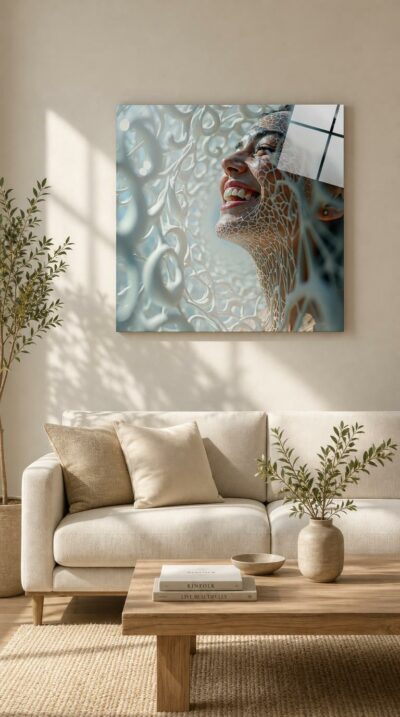 A woman tilts her face skyward in open laughter, her skin laced with delicate white filigree that dissolves into the lattice surrounding her.