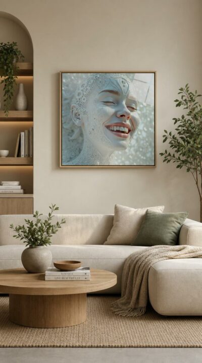 A laughing woman rendered in luminous white porcelain, her skin blooming with lace-like filigree as light scatters across an airy, snow-bright field.