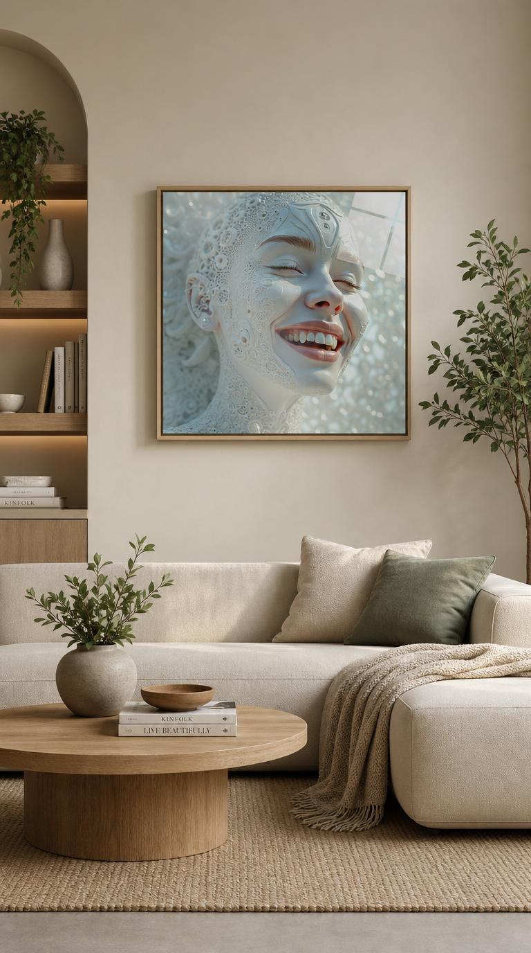 A laughing woman rendered in luminous white porcelain, her skin blooming with lace-like filigree as light scatters across an airy, snow-bright field.