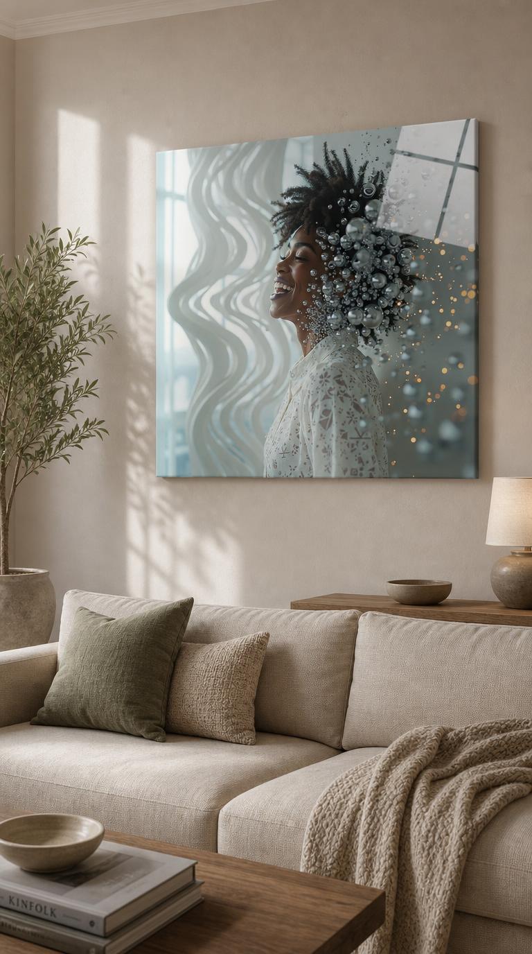 A woman laughs with eyes closed as her hair dissolves into a shimmering cascade of silver spheres and floating light.