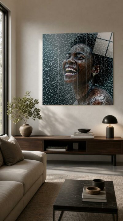 A woman caught mid-laughter, her skin rendered as a shimmering mosaic of tiny tiles, set against a softly speckled gray field.