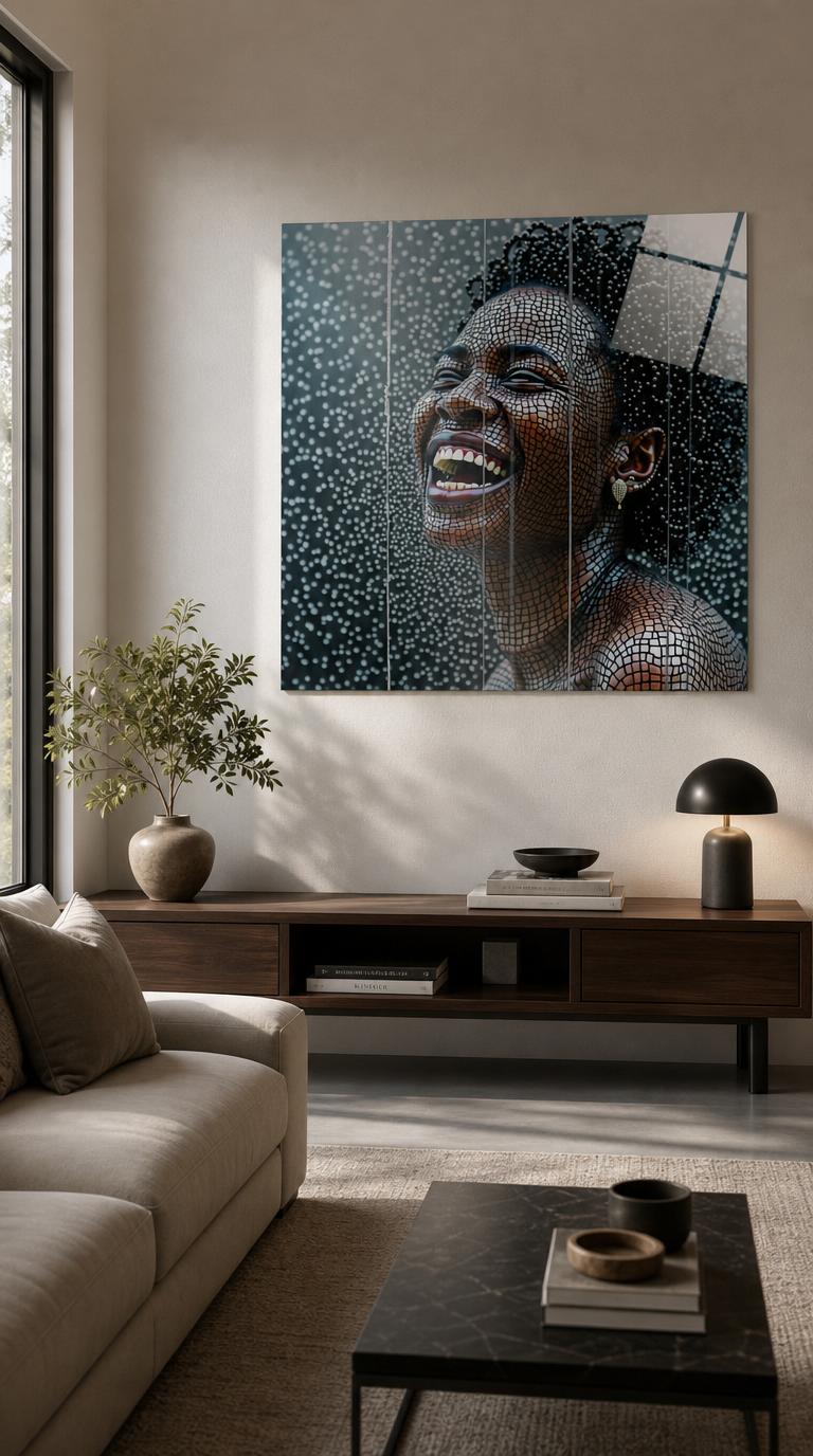A woman caught mid-laughter, her skin rendered as a shimmering mosaic of tiny tiles, set against a softly speckled gray field.