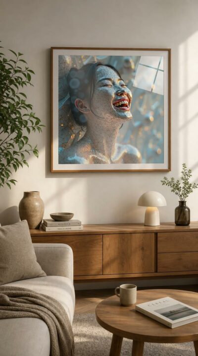 A woman caught mid-laugh, her radiant face traced with a glowing copper mesh that flickers like light through glass.