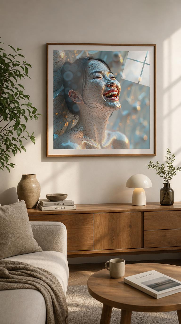 A woman caught mid-laugh, her radiant face traced with a glowing copper mesh that flickers like light through glass.