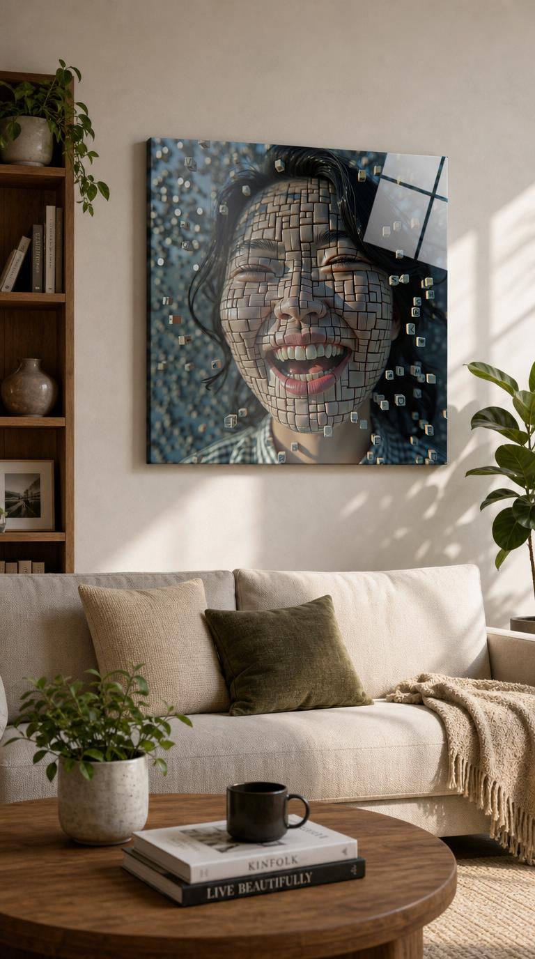 A woman's laughing face, built from countless tiles, dissolves into a drifting cloud of tiny lettered cubes against a soft blue sky.