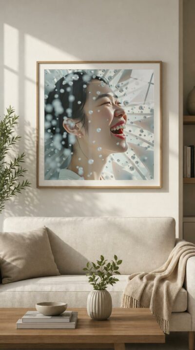 A woman tilts her face skyward in open laughter as a shimmer of crystalline droplets suspends around her in soft daylight.