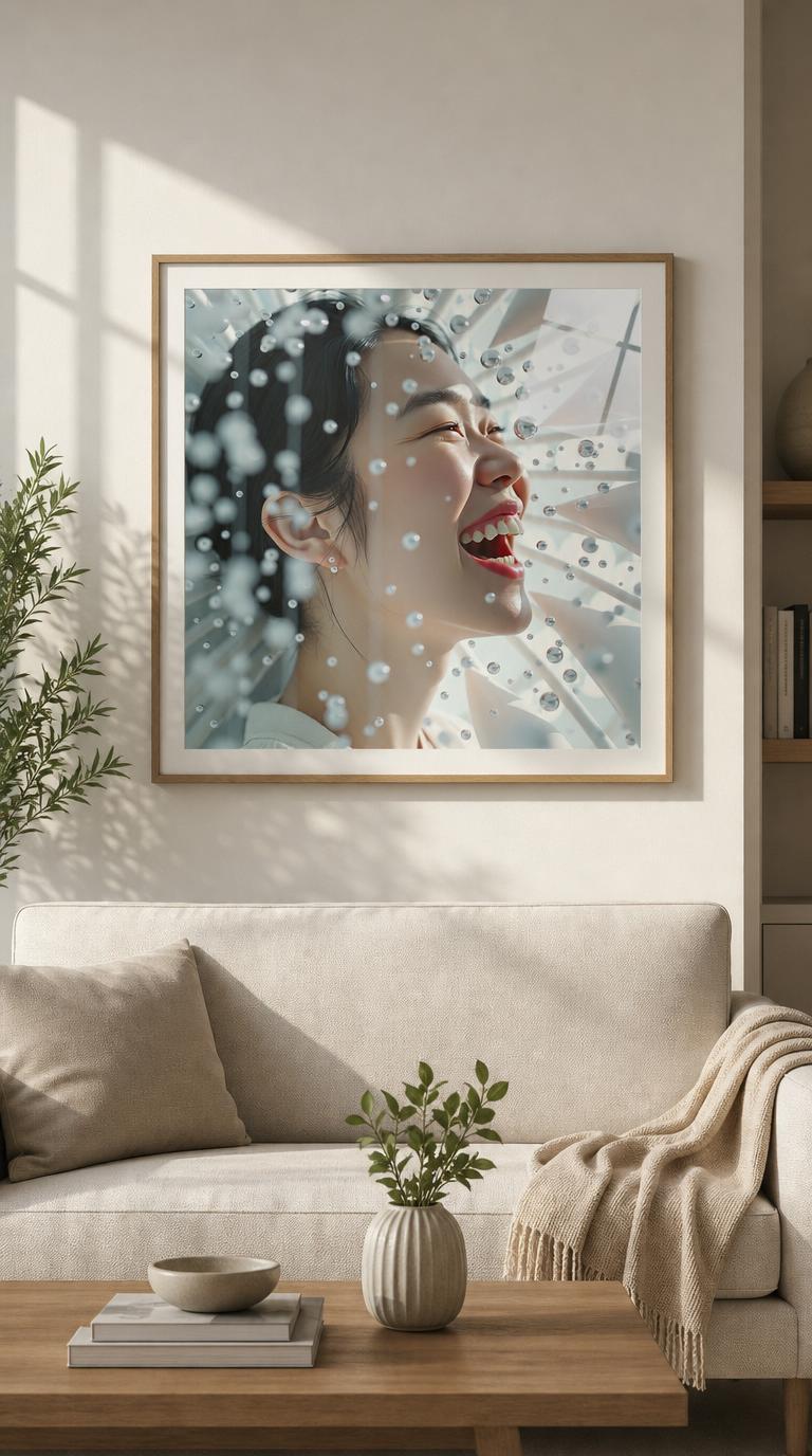 A woman tilts her face skyward in open laughter as a shimmer of crystalline droplets suspends around her in soft daylight.