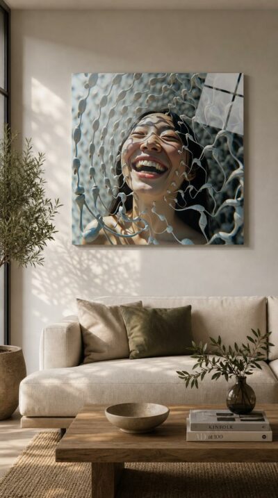A woman caught mid-laugh, eyes closed in pure delight, glimpsed through a shimmering white lattice of soft organic forms.