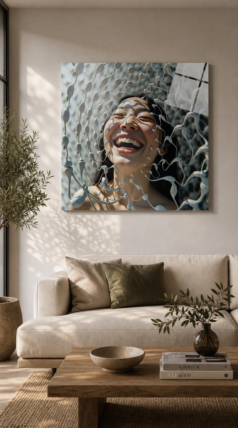 A woman caught mid-laugh, eyes closed in pure delight, glimpsed through a shimmering white lattice of soft organic forms.