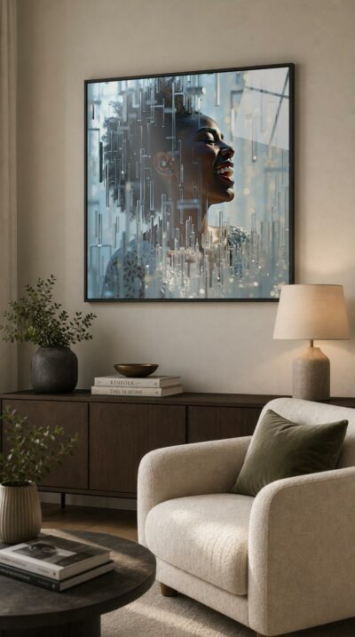 A woman lifts her face in radiant laughter as a shimmering veil of glass rods dissolves around her into light.