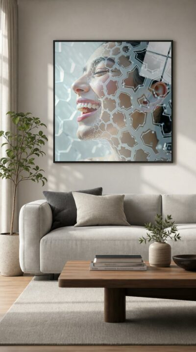 A woman laughs with closed eyes, her profile dissolving into a lattice of luminous hexagons that drift like a digital veil across her skin.