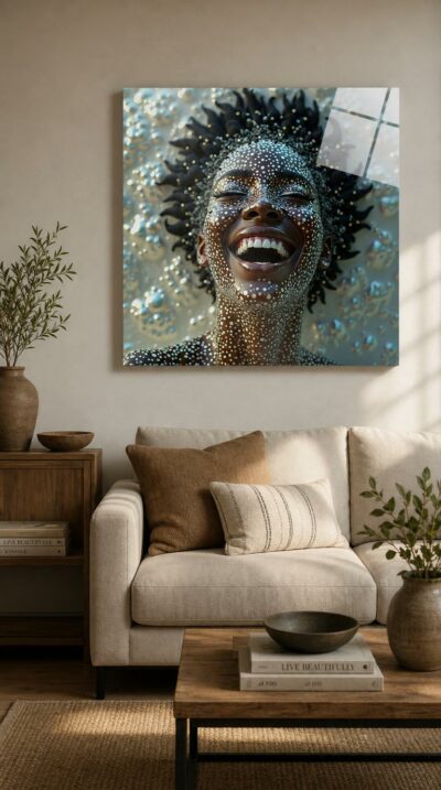 A woman thrown back in open laughter, her skin and hair speckled with countless luminous dots that dissolve into a shimmering field around her.