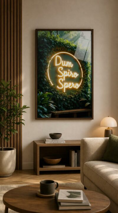 A golden cursive declaration glows within a circle of living ivy, where sunbeams filter through leaves and a bird drifts past.
