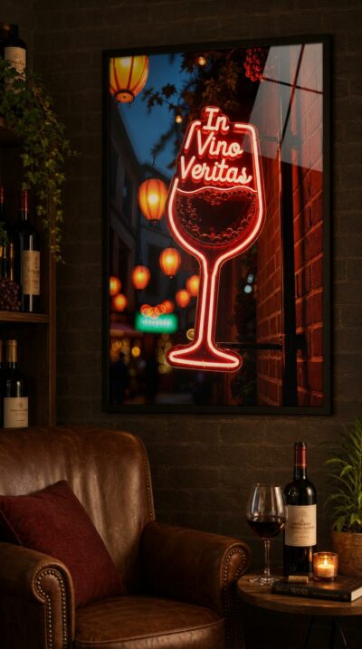 A glowing neon wine glass spells out a timeless toast above a dusk-lit alley warmed by drifting paper lanterns.