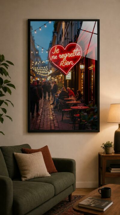A glowing red neon heart spells a famous French refrain above a Parisian café terrace, warm with lamplight and laughter at dusk.