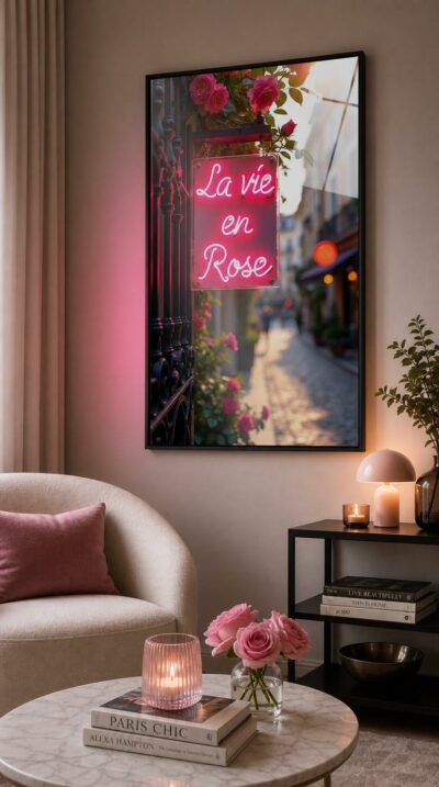 A neon script glows rose-pink against a Parisian lane at golden hour, real roses spilling over the ironwork above it.