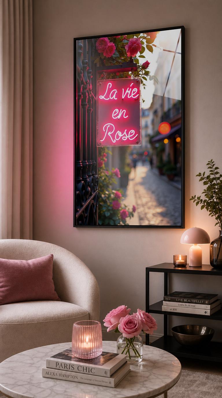 A neon script glows rose-pink against a Parisian lane at golden hour, real roses spilling over the ironwork above it.