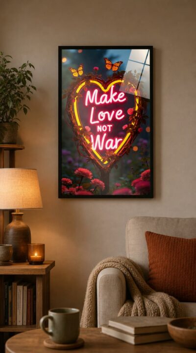 A heart of neon light glows pink and gold among twilight blooms, its message wrapped in living vines and visited by two monarch butterflies.