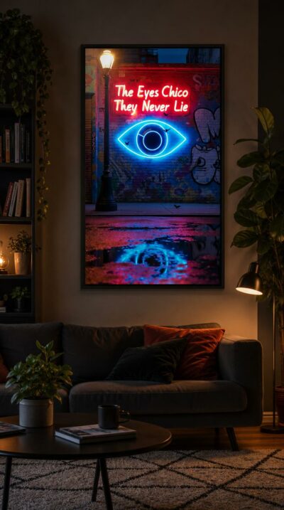 A glowing neon eye and a famous film line burn against a graffiti-soaked brick wall, mirrored in the slick of a rain-washed street.