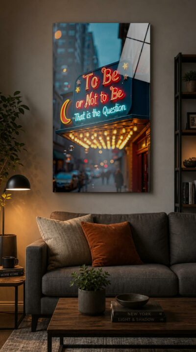 A theatre marquee blazes Shakespeare's most famous line in glowing neon, framed by stars, a crescent moon and a halo of golden bulbs above a dusk-lit city street.