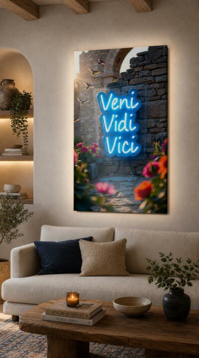 A vivid blue neon proclaims "Veni Vidi Vici" against weathered ancient stone, where birds scatter into golden light above a garden of bright blooms.