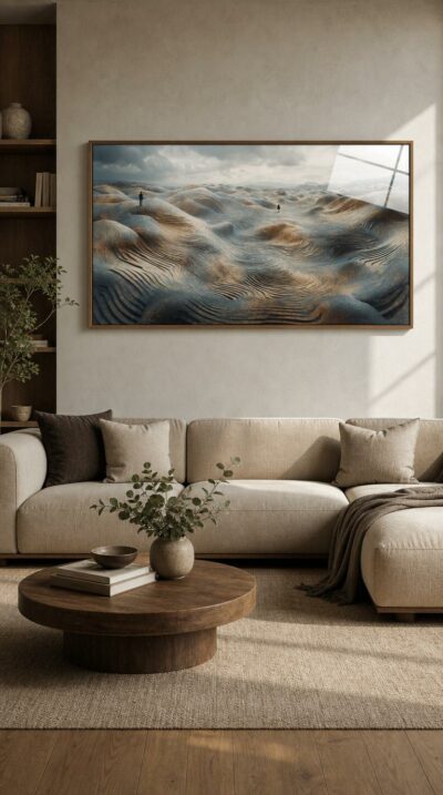 Two solitary figures stand on an endless landscape of rippling, sculpted dunes beneath a brooding, silver-grey sky.